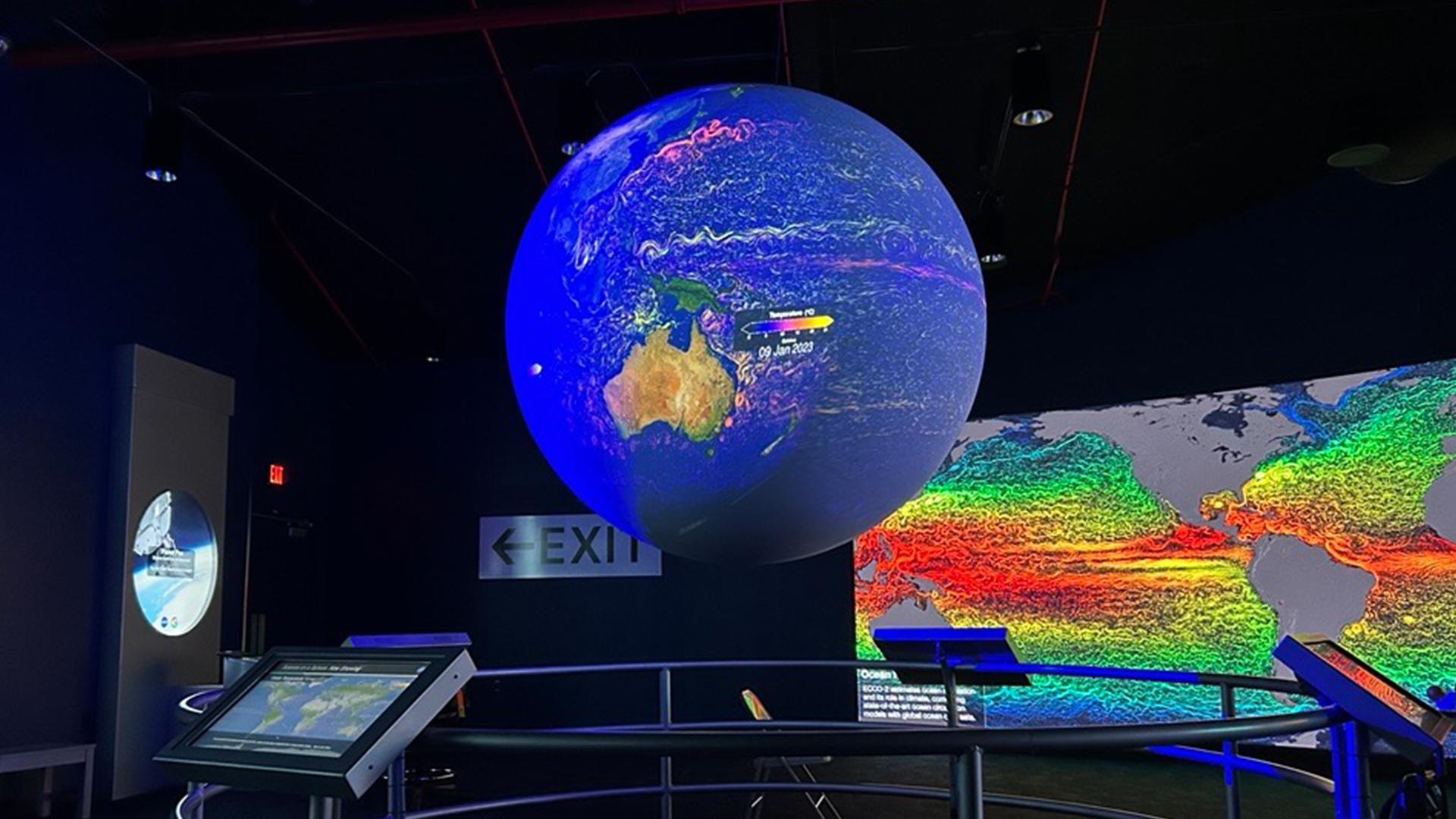 Science on a Sphere displaying SSH data at Kennedy Space Center.