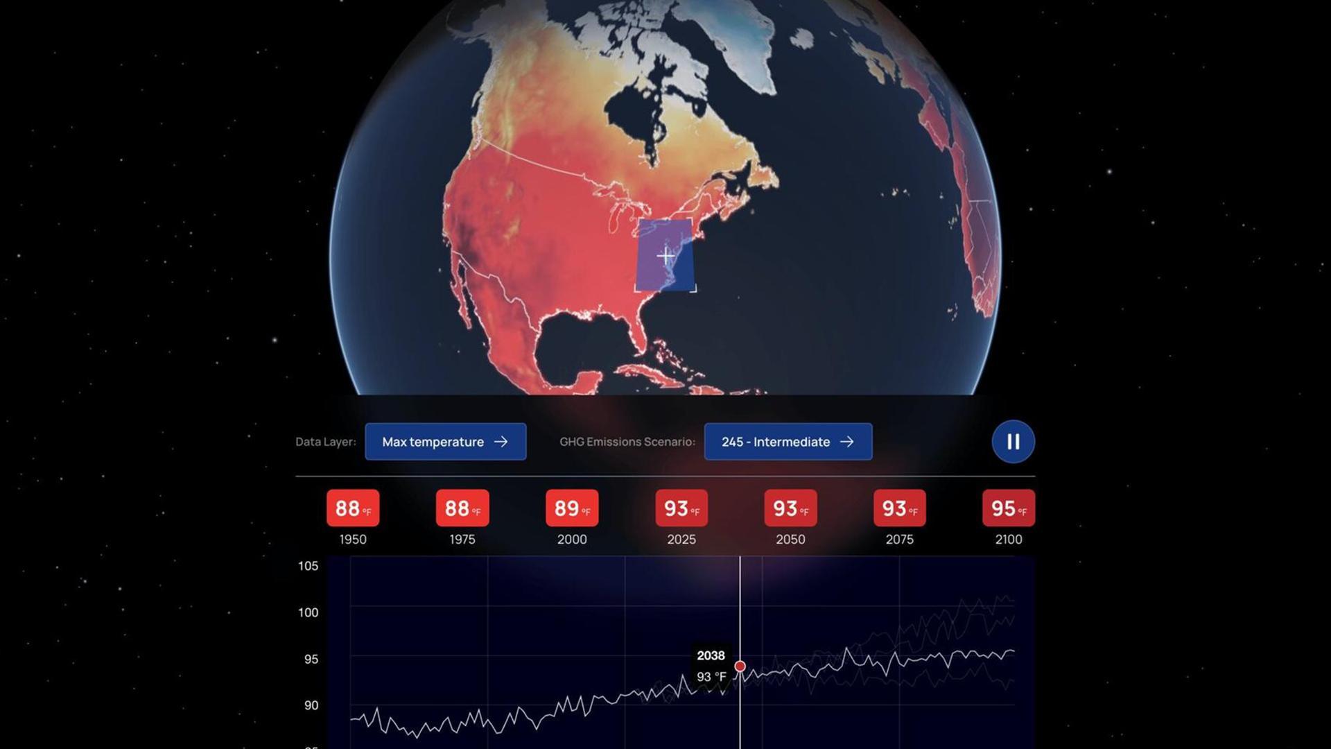 NASA's Mobile Scenario Mapper, with an image of a globe showing climate change data and a line chart showing different climate scenarios.