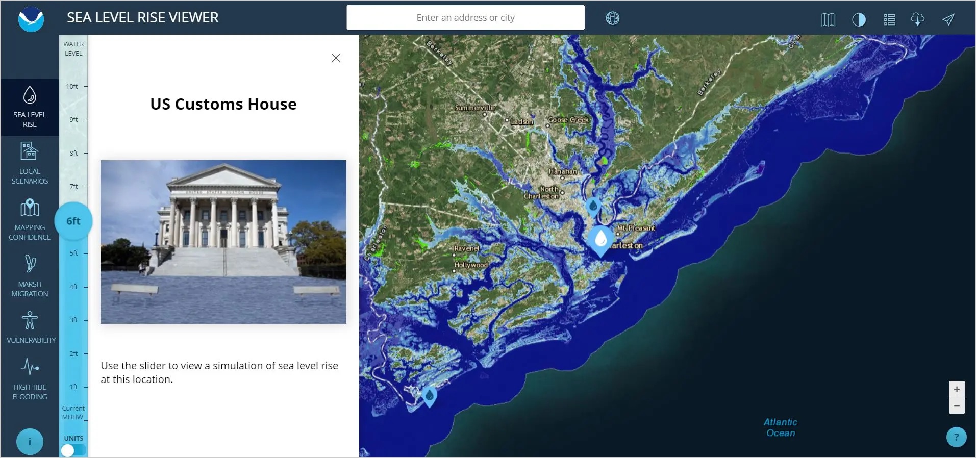 Screen grab of the NOAA Sea Level Rise Viewer